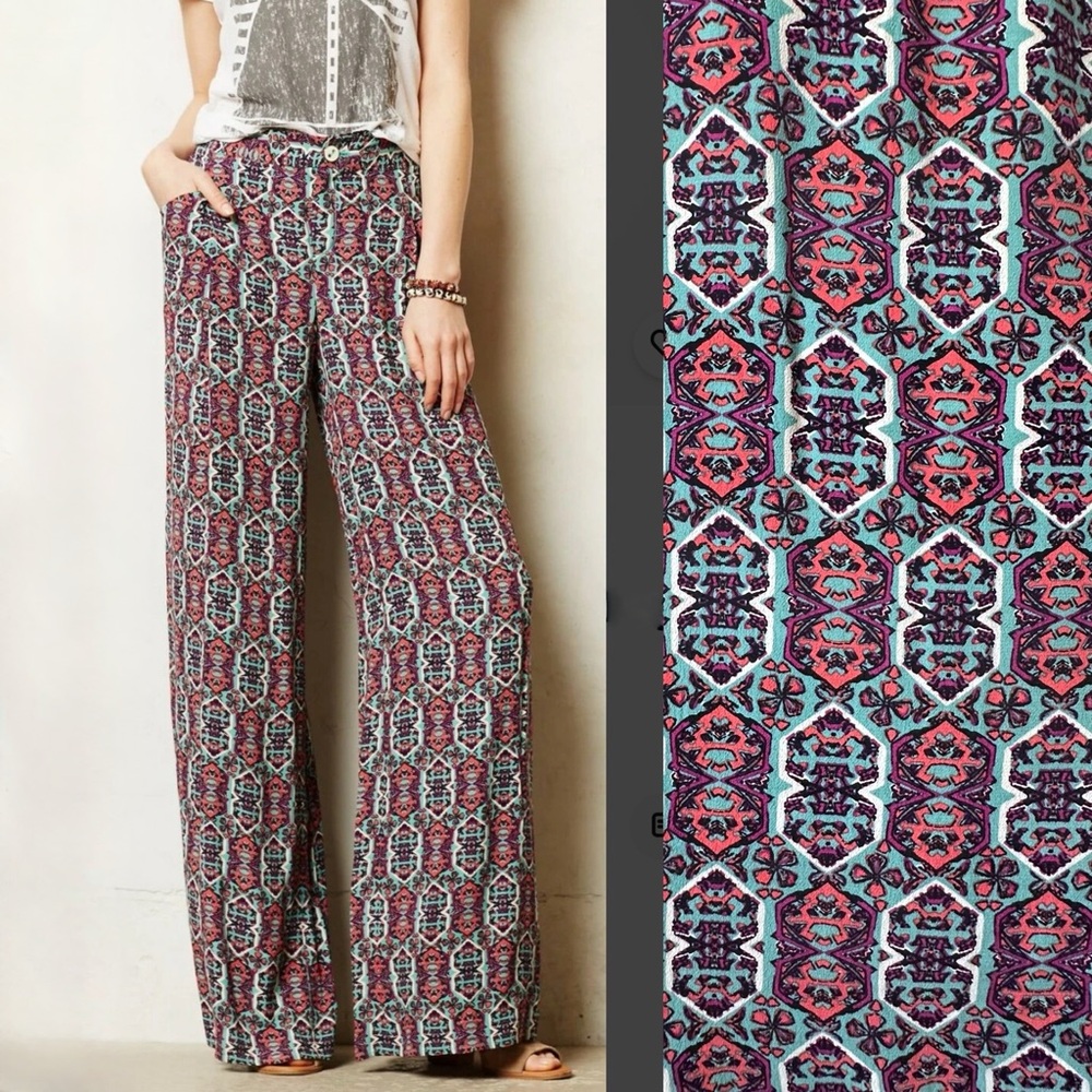 Anthropologie Elevenses South Shore Bold Colorful Patterned Wide-Leg Pants 8 M